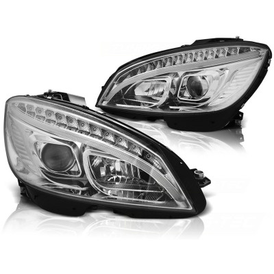 Faros delanteros Tubelight Dinámicos para Mercedes-Benz Clase C W204 2007-2010 Fondo Cromado