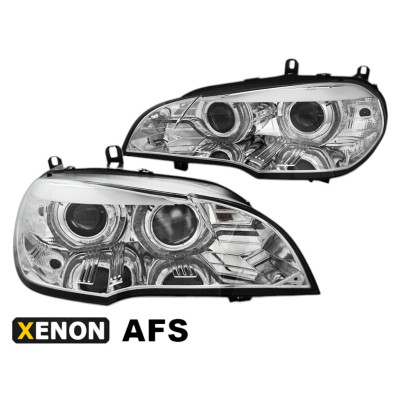 Faros Xenón Angel Eyes LED DRL Cromados con AFS para BMW X5 E70 2007-2010