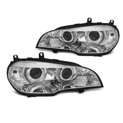 Faros Xenón Angel Eyes LED DRL Cromados con AFS para BMW X5 E70 2007-2010